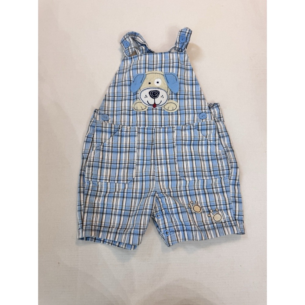 Vintage‎ B.T. Kids Boys Plaid Blue Overalls Puppy Size 18 Months